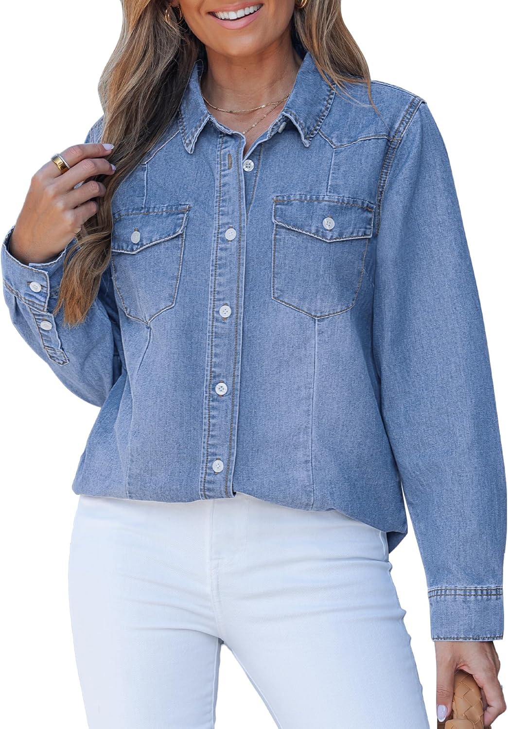 Denim Shirts for Women Long Sleeve Button Down Chambray Relaxed Fit Western Jean Shirts Casual Collared Jean Top