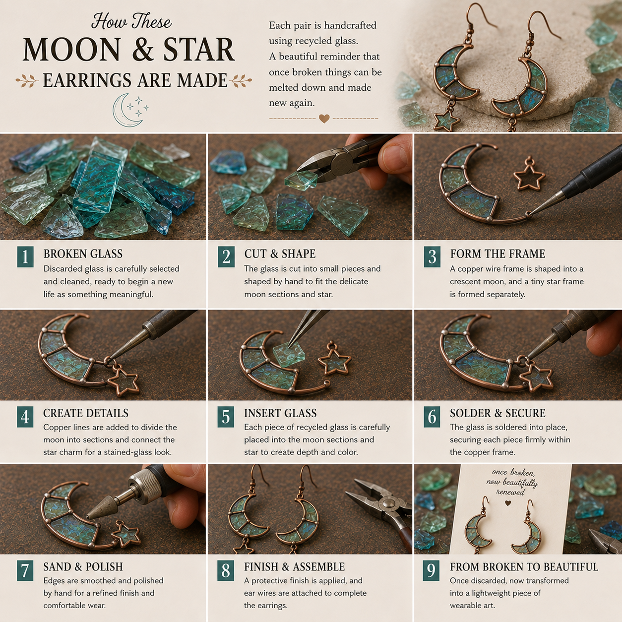 Recycled Glass Moon & Star Earrings