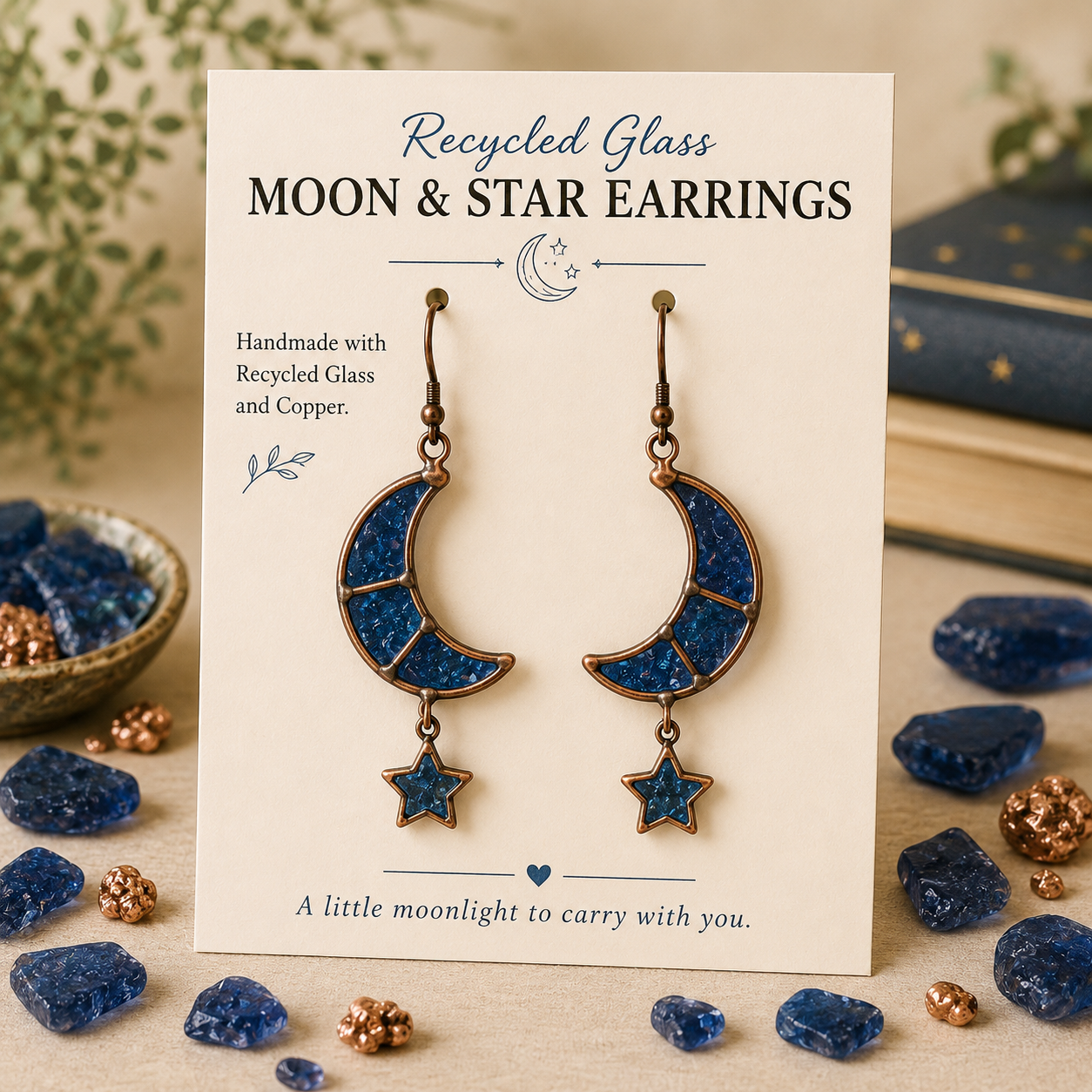 Recycled Glass Moon & Star Earrings