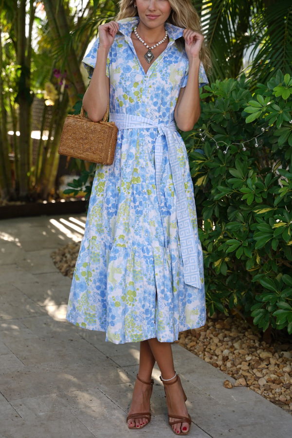 V-Neck Short-Sleeve Brazil Blue Dress