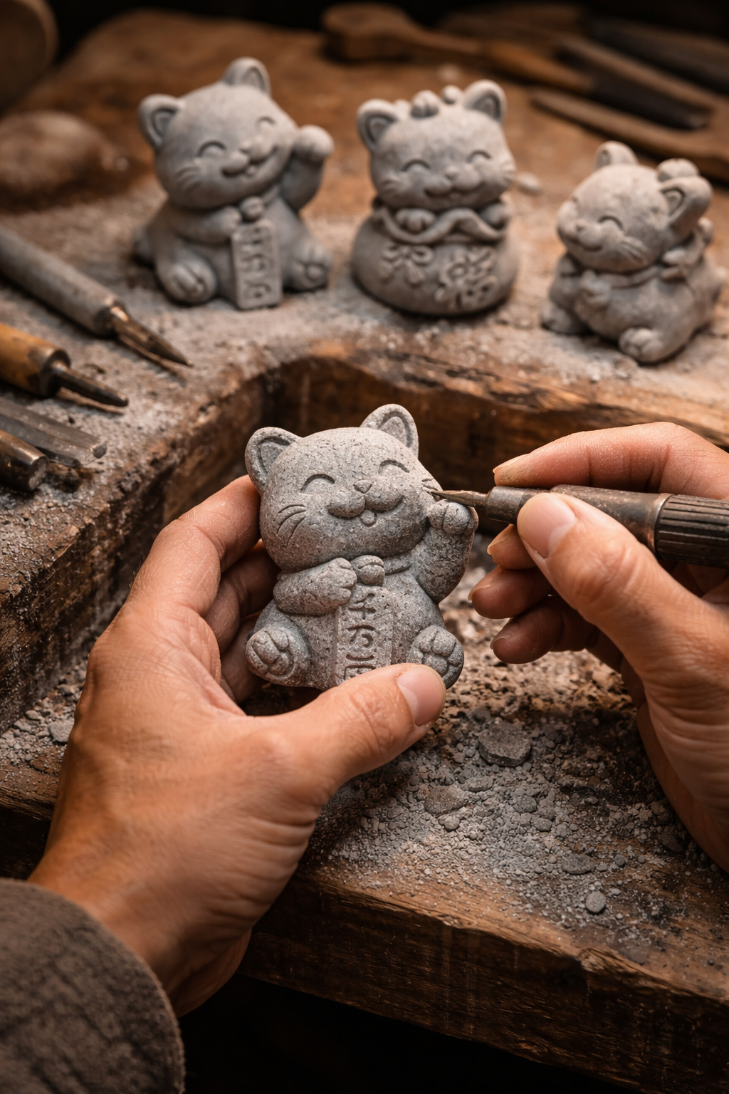  Handcrafted Stone Zen Cat Statue
