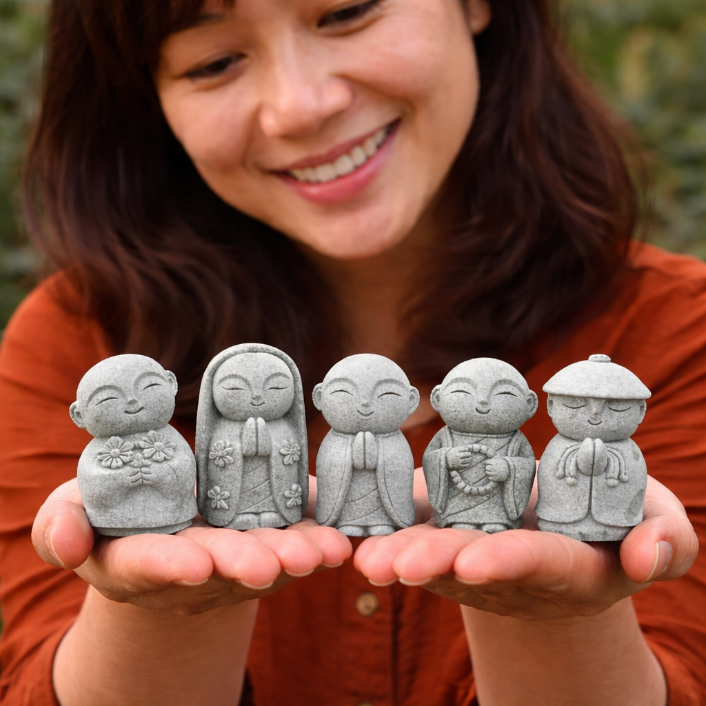 Handcrafted Stone Zen Jizo Statue Set (All 5 Designs Included)