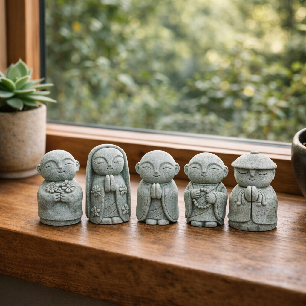 Handcrafted Stone Zen Jizo Statue Set (All 5 Designs Included)