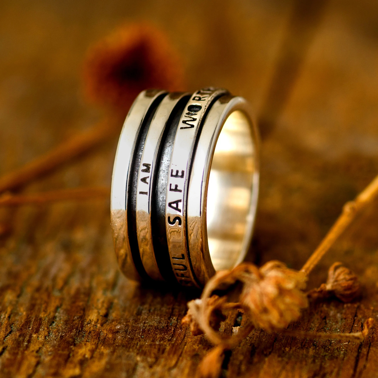I am strong, worthy of love, and secure. Ring, finger spinner ring.