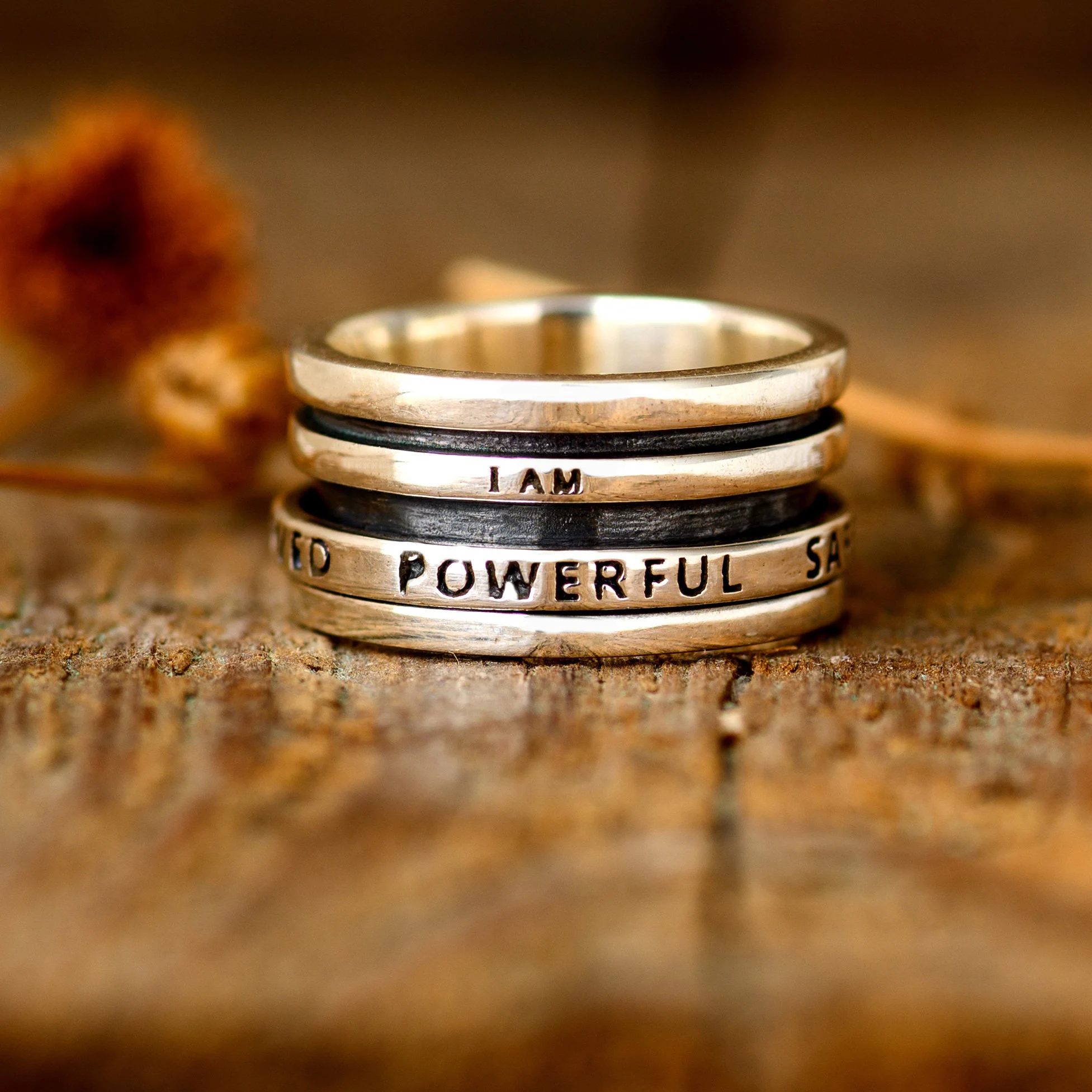 I am strong, worthy of love, and secure. Ring, finger spinner ring.