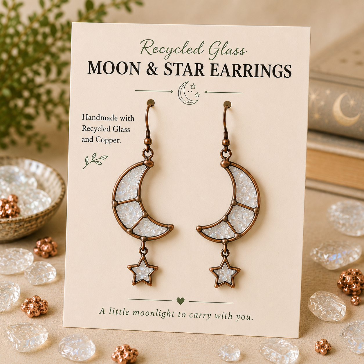 Recycled Glass Moon & Star Earrings
