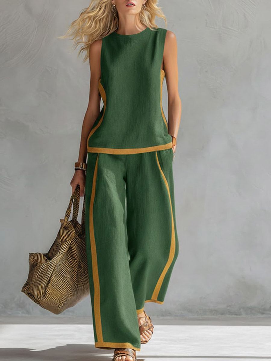 Women's Round Neck Sleeveless Casual Loose Top And High-waisted Loose Wide-leg Pants Cotton And Linen Set.