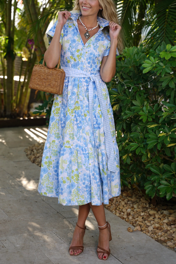V-Neck Short-Sleeve Brazil Blue Dress