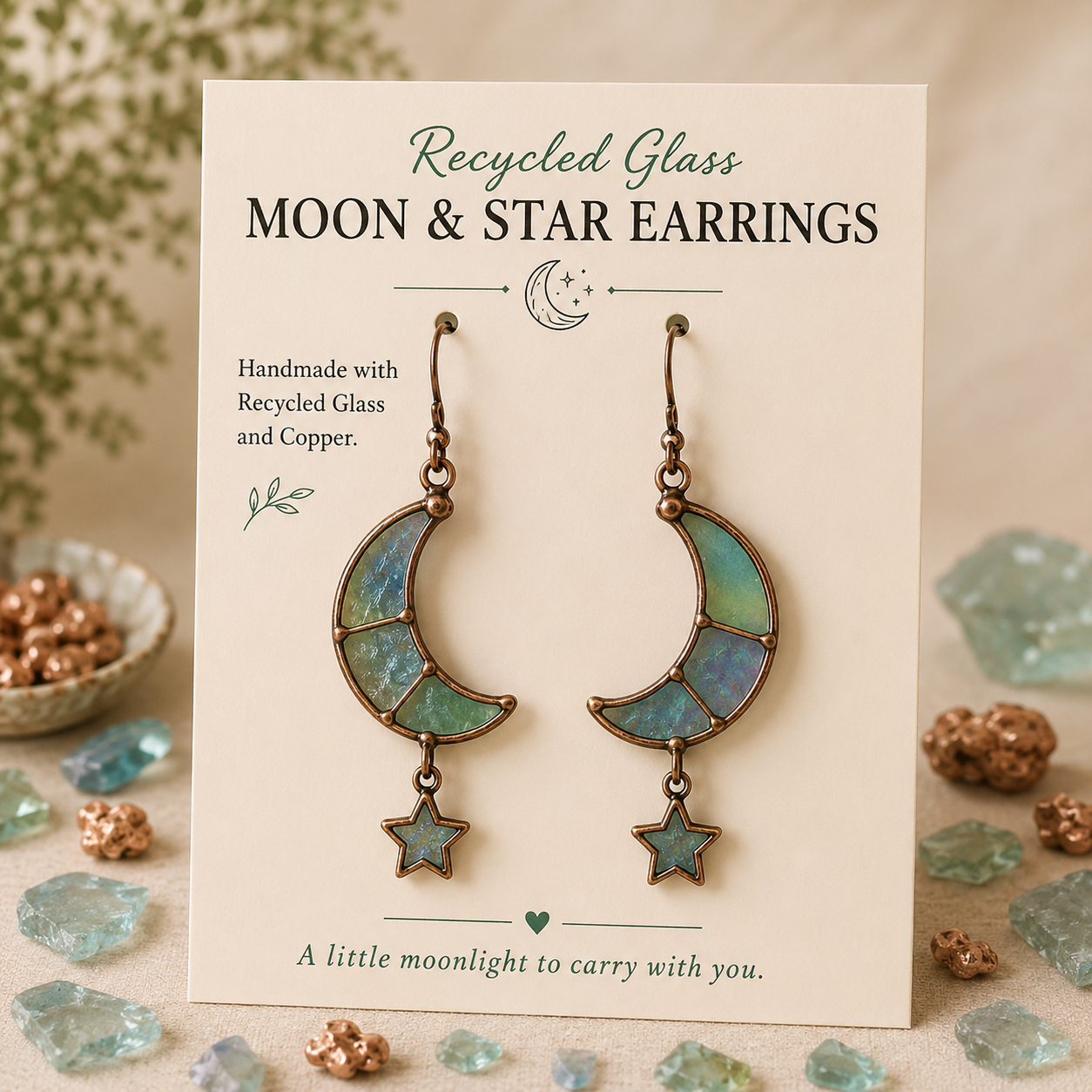 Recycled Glass Moon & Star Earrings