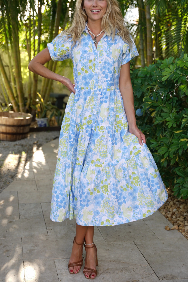 V-Neck Short-Sleeve Brazil Blue Dress