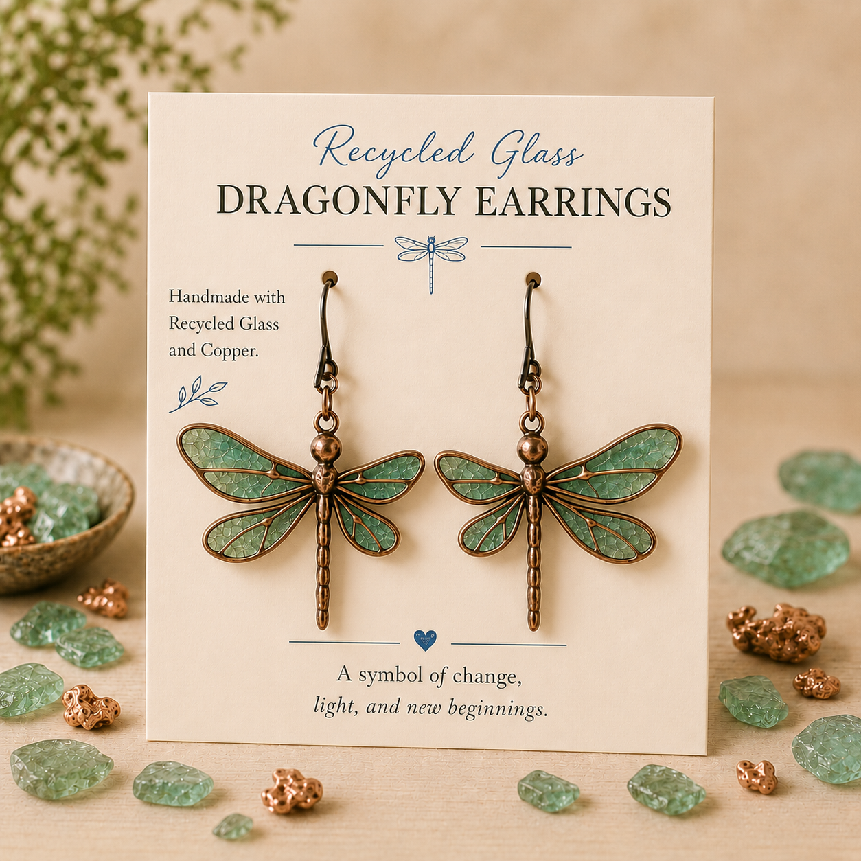 Recycled Glass Ginkgo Leaf Earrings