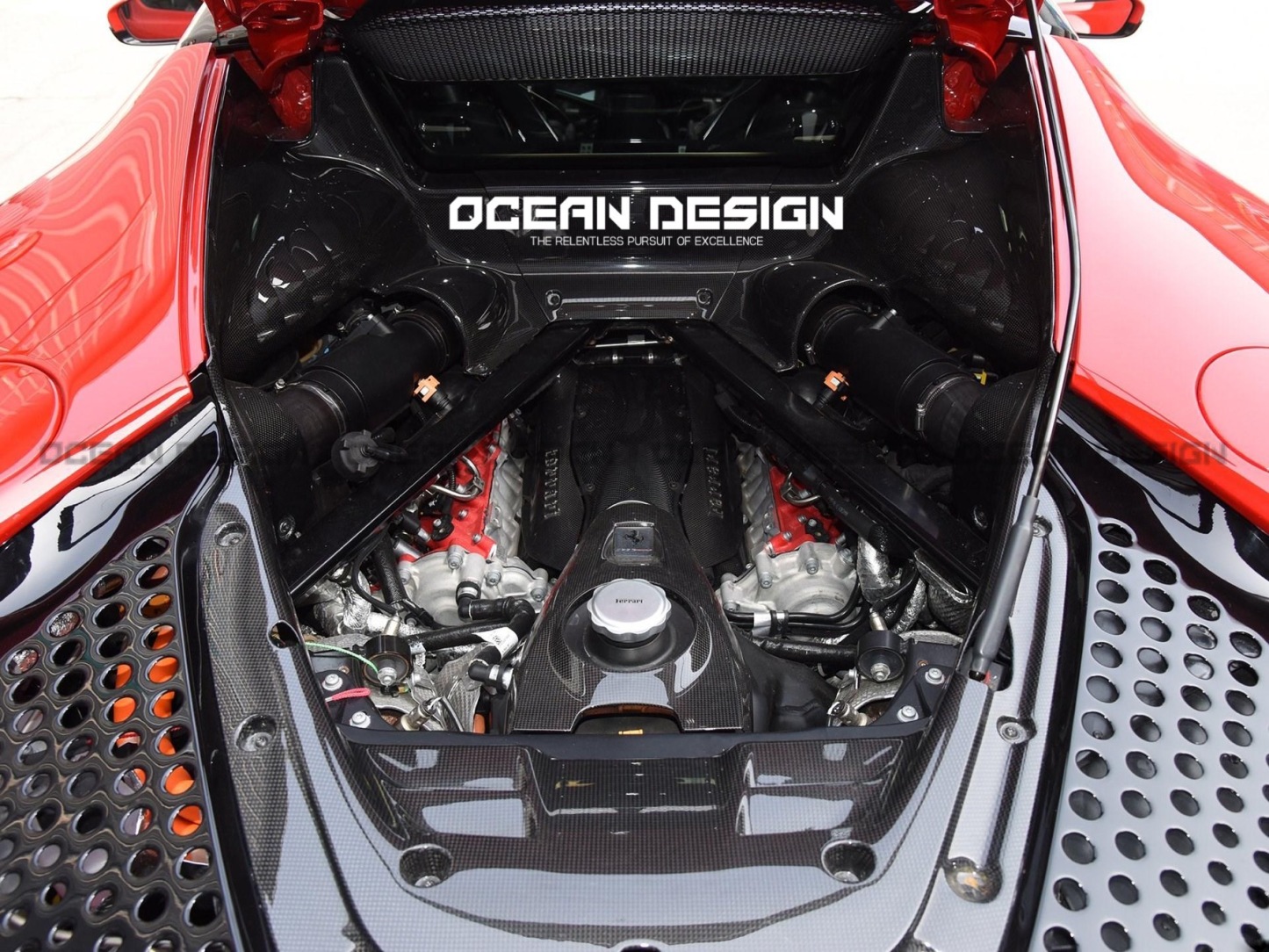 2020-UP Ferrari SF90 Stradale Engine Interior with Cooling Mesh Dry Carbon Fiber OEM Series Bodykit