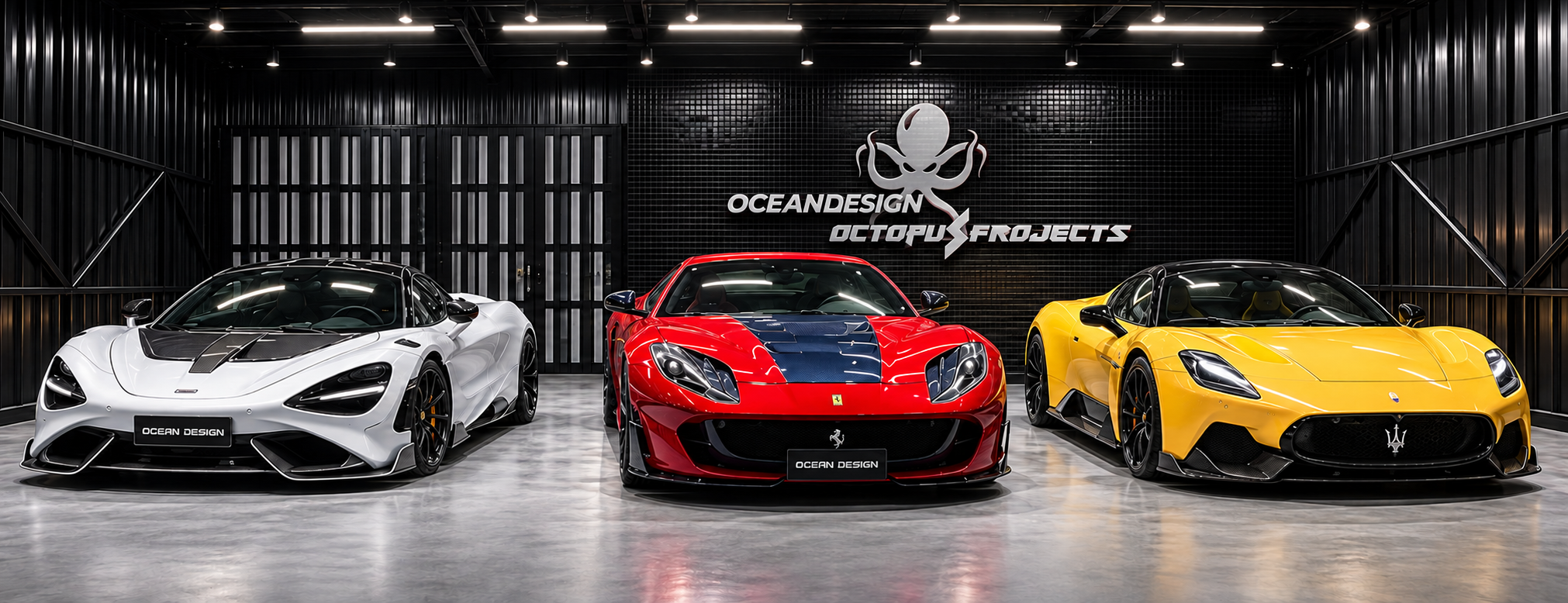 Three sports cars in front of the Ocean Design x Octopus Projects logo
