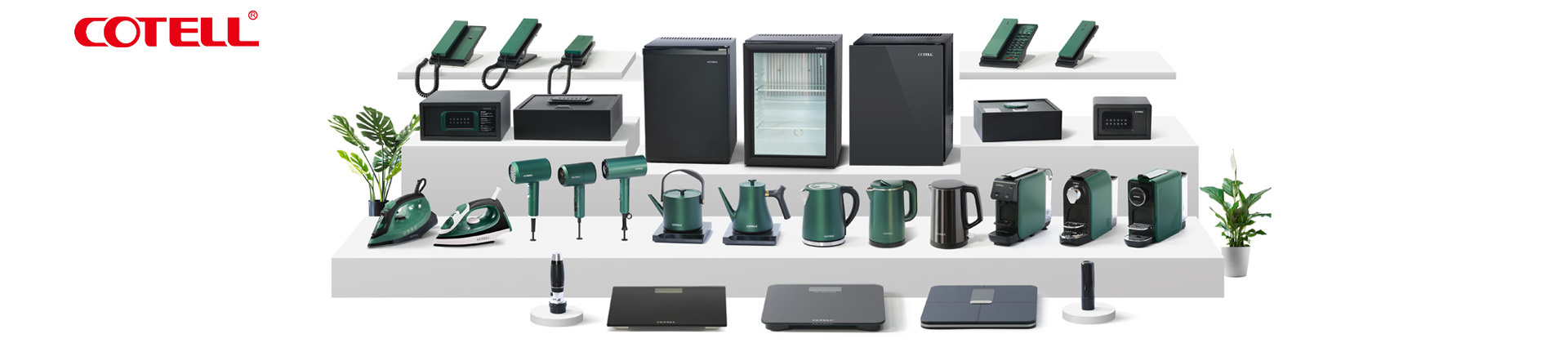 COTELL Hotel Appliances including high-speed hair dryers, electric kettles, mini fridge, mini box.