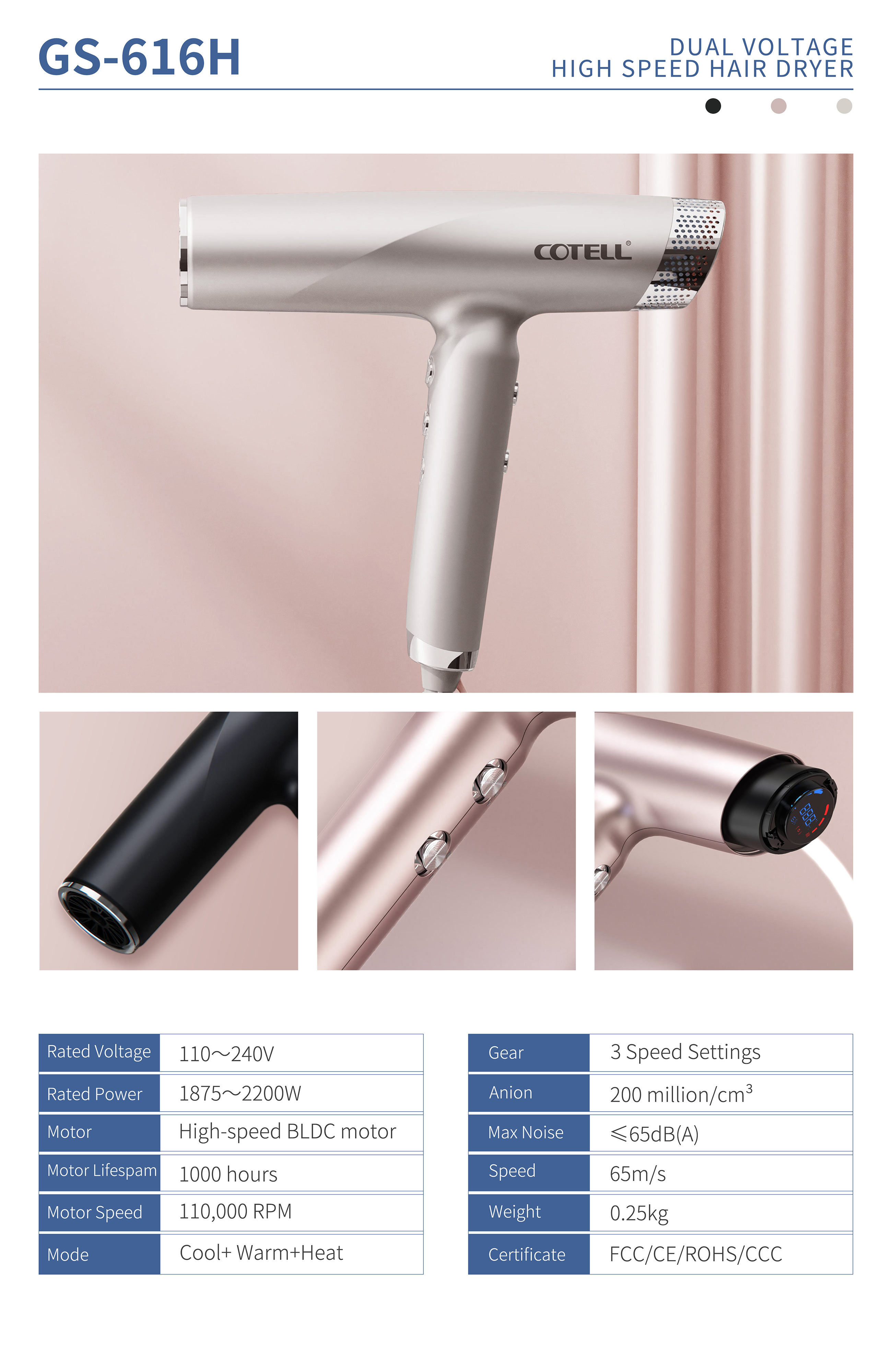 COTELL GS-616H T-shaped high-power hair dryer for travel and hotel use