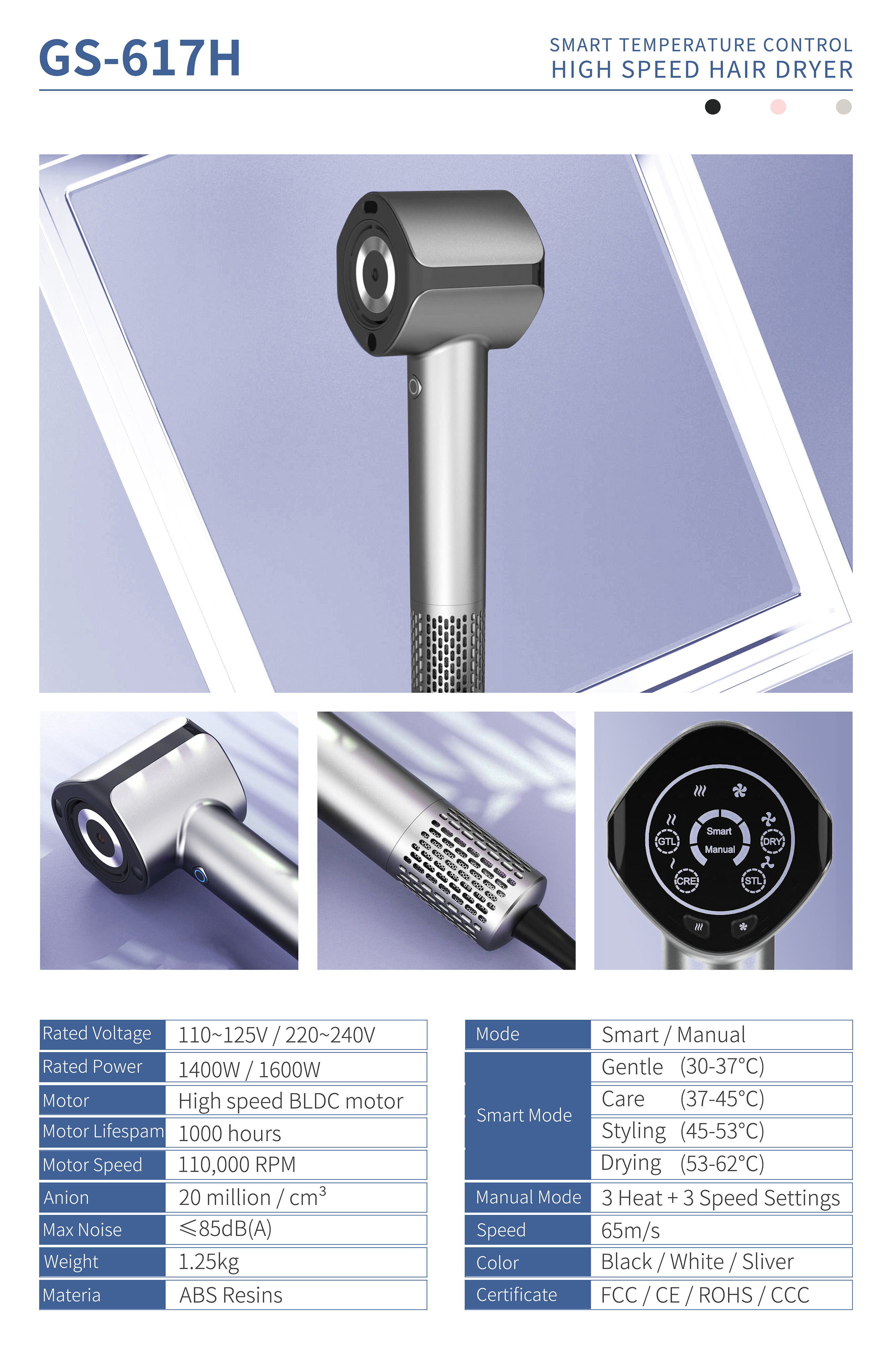 COTELL GS-617H smart hair dryer with intelligent temperature modes and high-speed motor