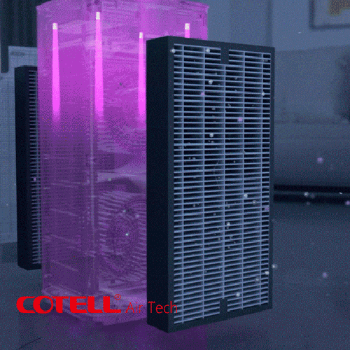 COTELL air purification system with dual purification process — combining pre-filtration, HEPA H13, passive catalytic decomposition, and active chlorine dioxide treatment for complete air cleaning.