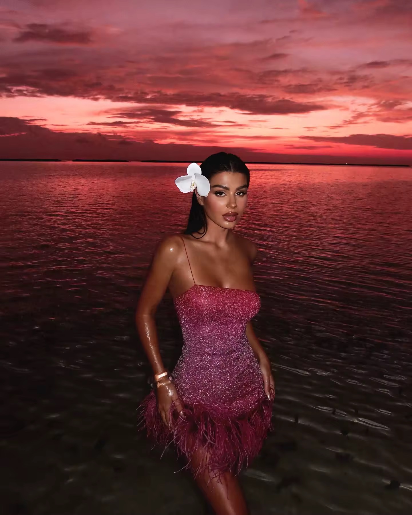 Pink Glitter Feather Bodycon Party Mini Dress