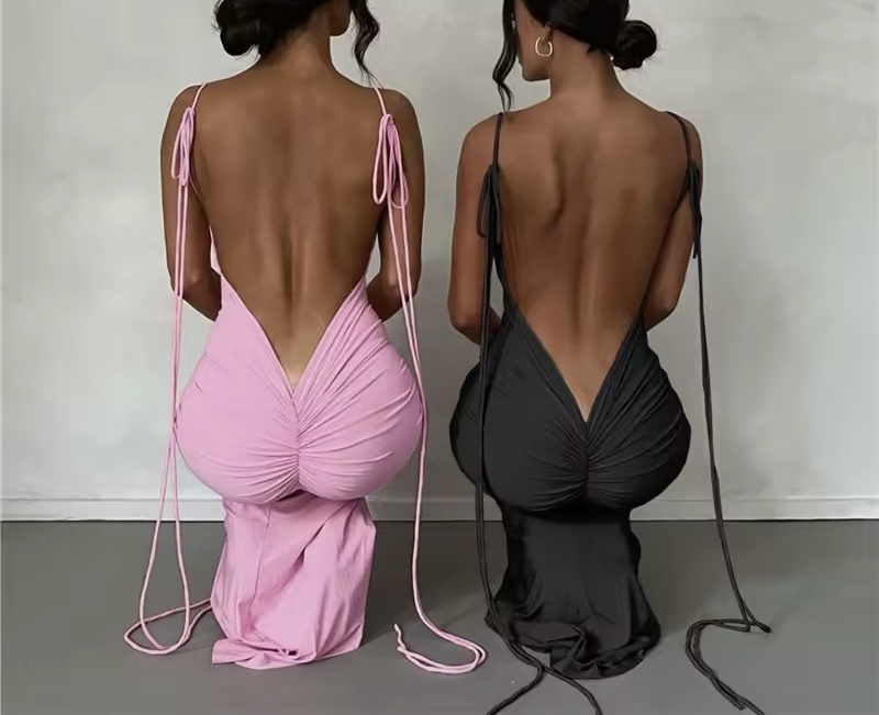 Backless Ruched V Bodycon Spaghetti Strap Maxi Dress
