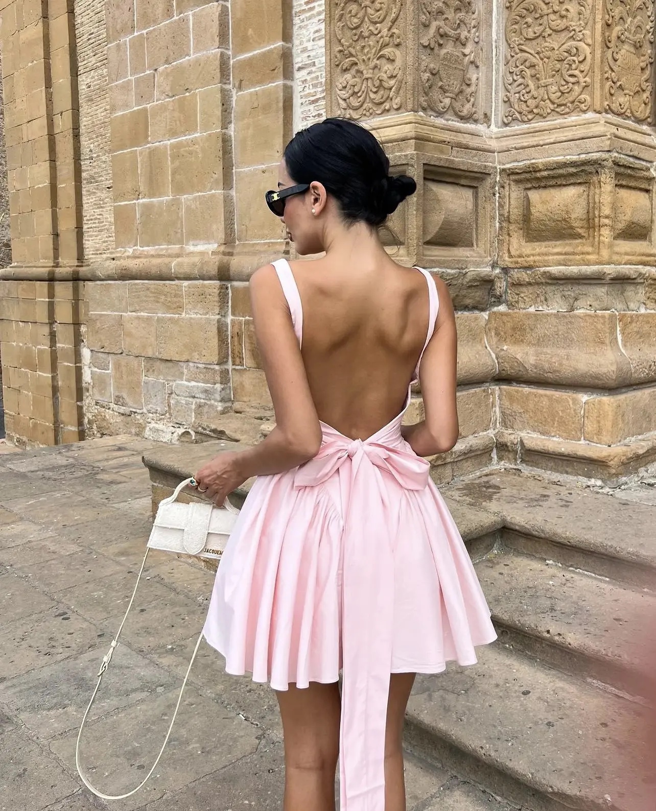 Pink A Line Vacation Bow Backless Short Mini Dress