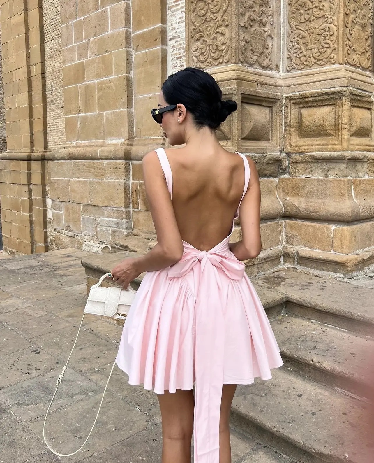 Pink A Line Vacation Bow Backless Short Mini Dress
