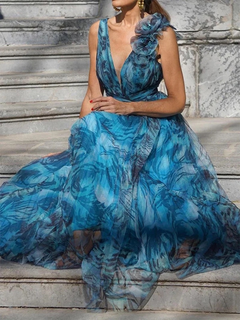 Printed V Neck Sleeveless Vacation Summer Maxi Dress