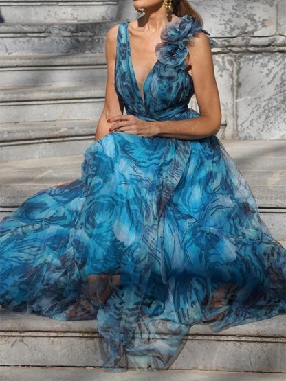 Printed V Neck Sleeveless Vacation Summer Maxi Dress