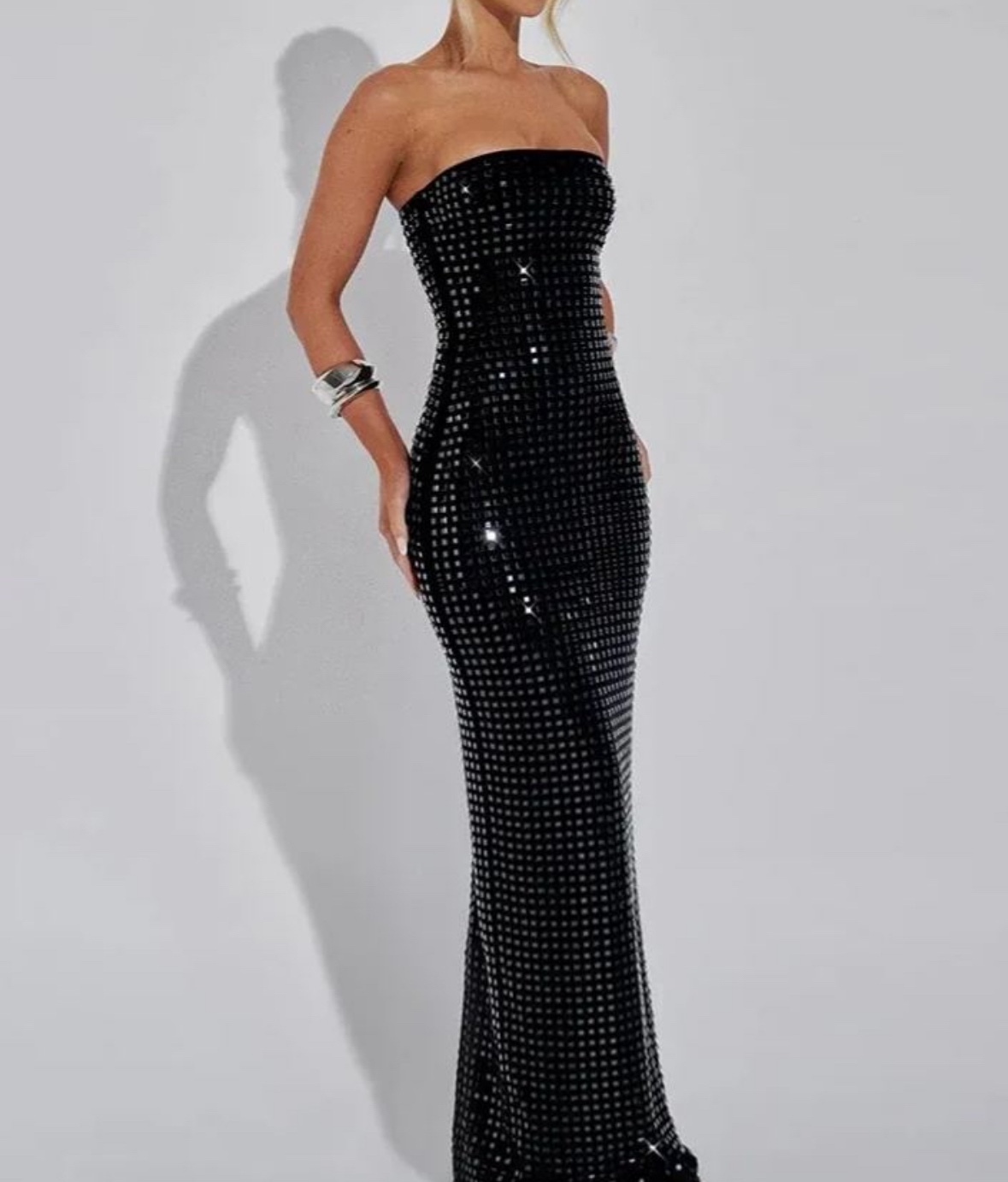 Black Strapless Glitter Sequin Bodycon Party Maxi Dress