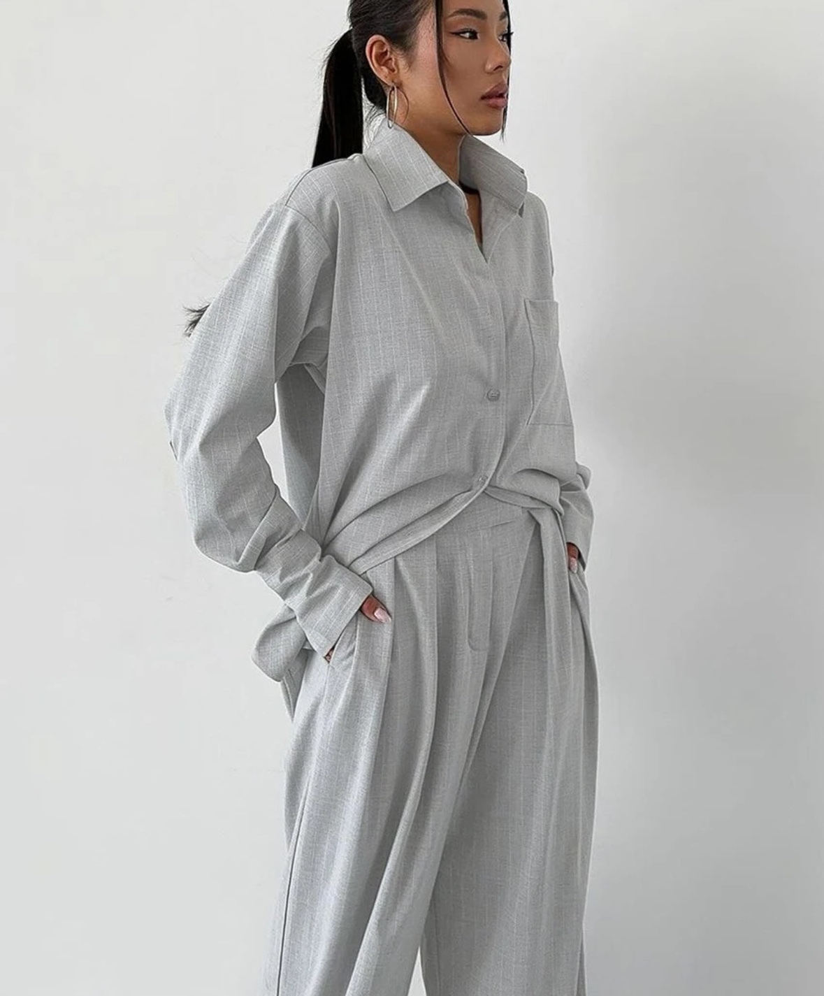 Long Sleeve Blouse With High Waist Wide Pants Set