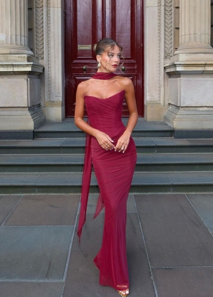 Burgundy Strapless Bodycon Long Elegant Maxi Dress