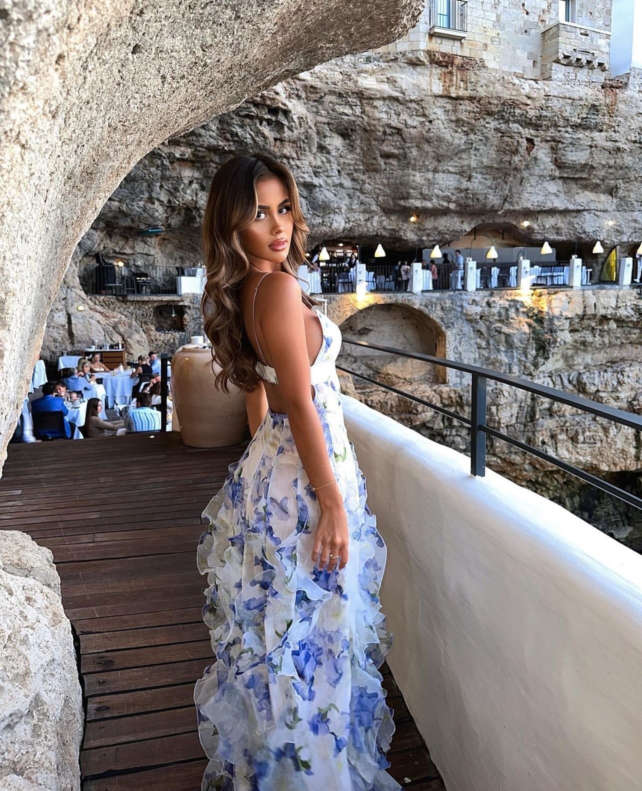 Blue Floral V Neck Ruffle Summer Vacation Maxi Dress