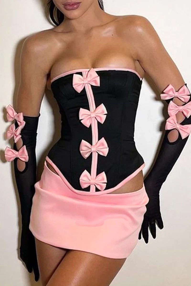 Bow Strapless Top & Mini Skirt Sleeve Set