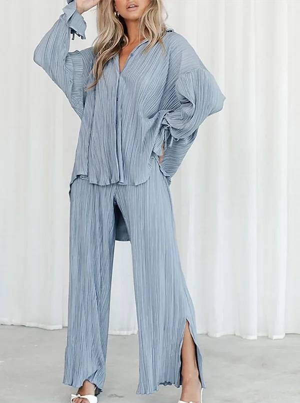 Pleated 2 Piece Set Long Sleeve Top & Wide Leg Pant