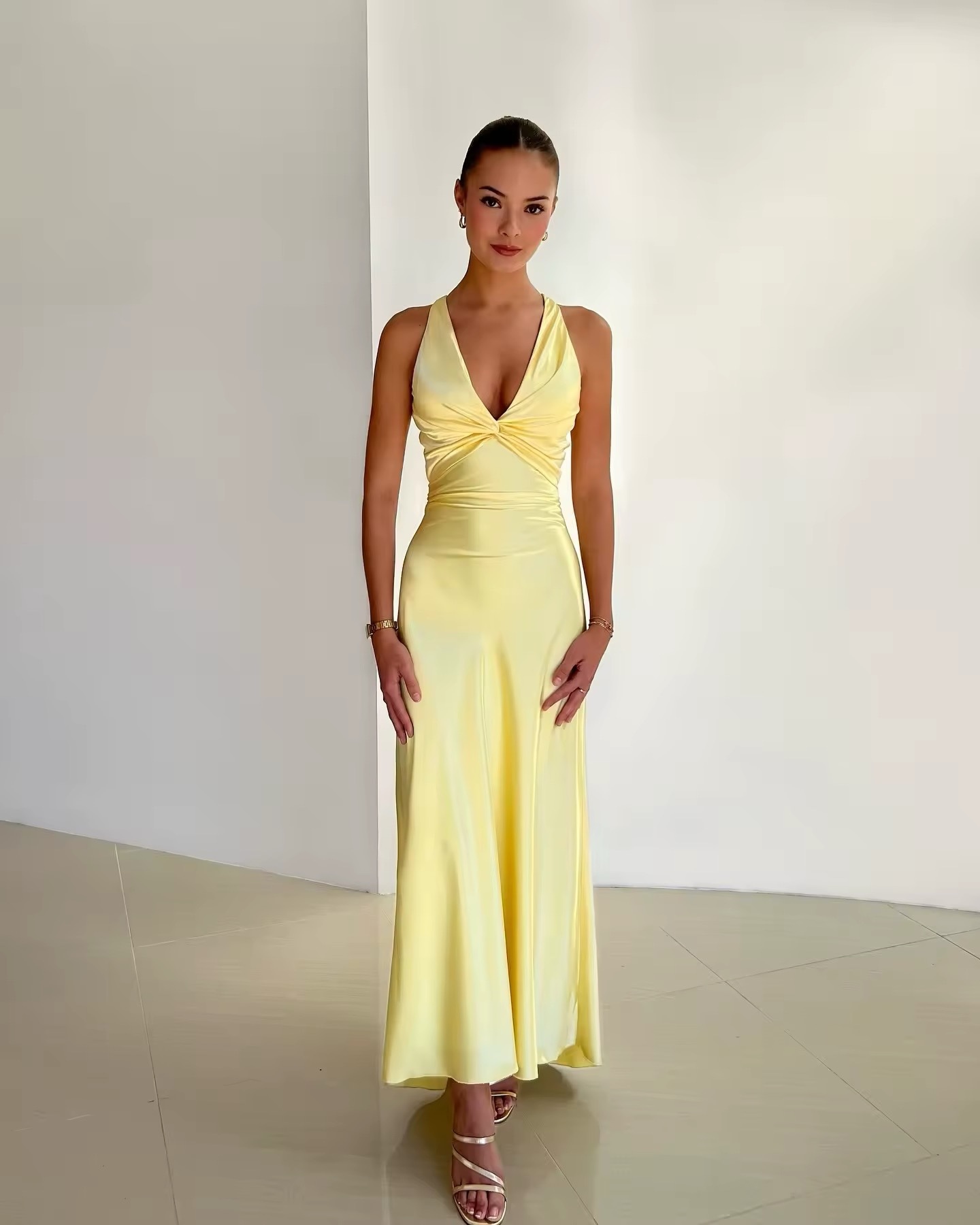 Deep V Neck Sleeveless Tie Up Backless Occasion Maxi Dress