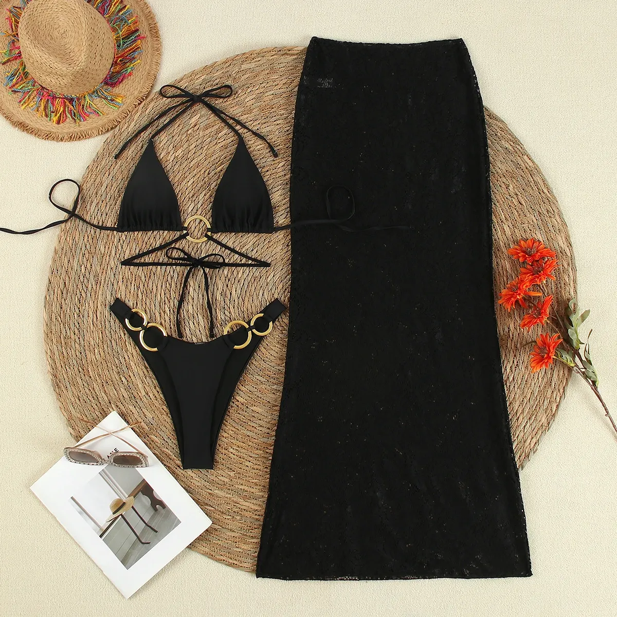 Black Triangle 3 Piece Bikini & Cover Up Set