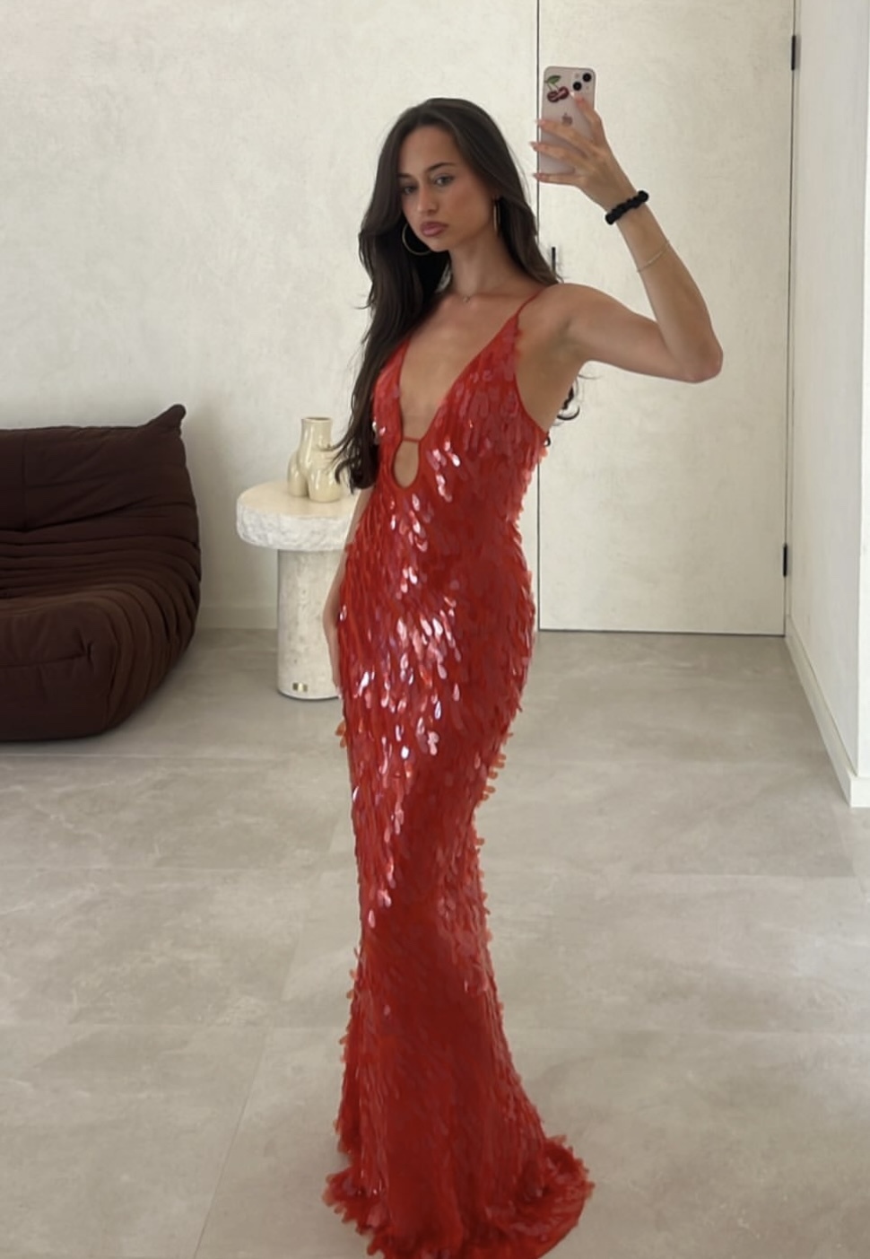 Red Sequin Mermaid V Neck Maxi Long Dress