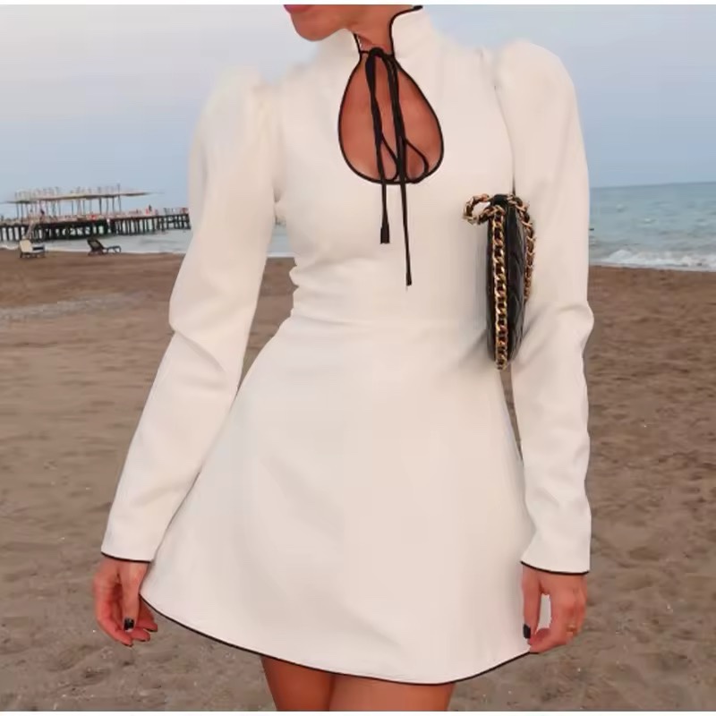 Lace Up Long Sleeve A Line White Mini Dress