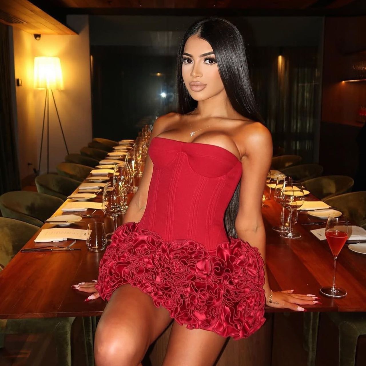 Red Flower Detail Strapless Corset Style Mini Dress