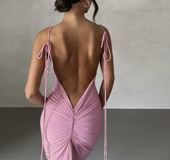 Backless Ruched V Bodycon Spaghetti Strap Maxi Dress