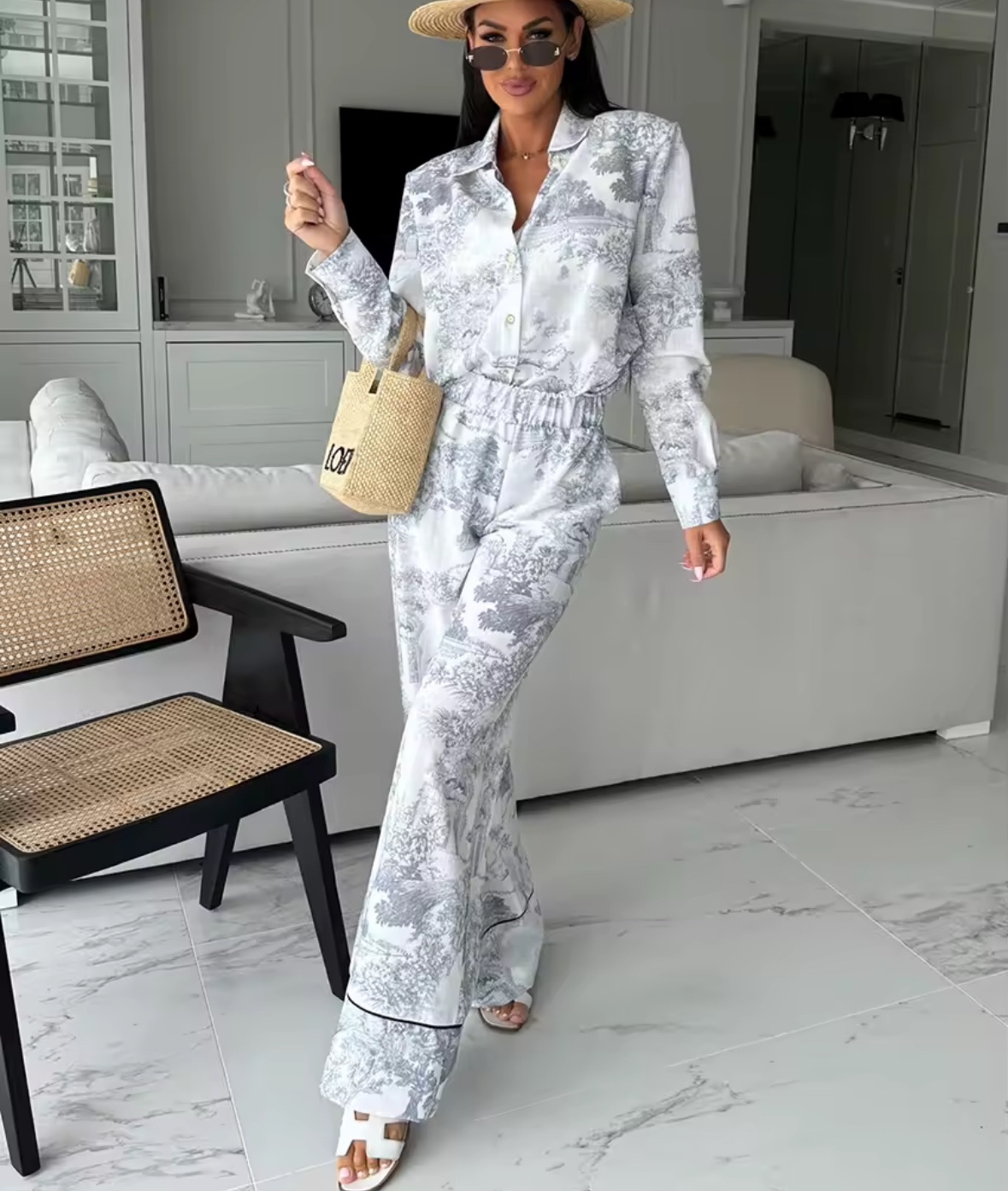 Printed Pattern Long Sleeve Shirt & Trousers Set