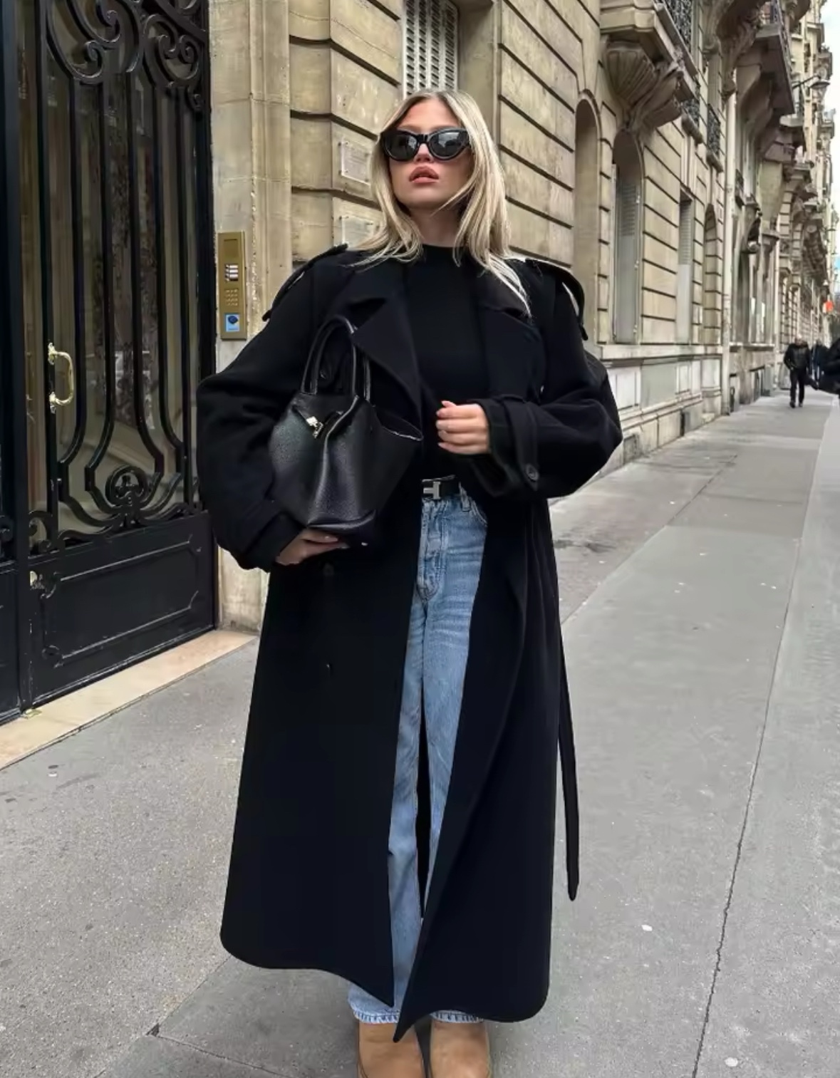 Black Long Sleeve Turn Collar Ankle Length Coat