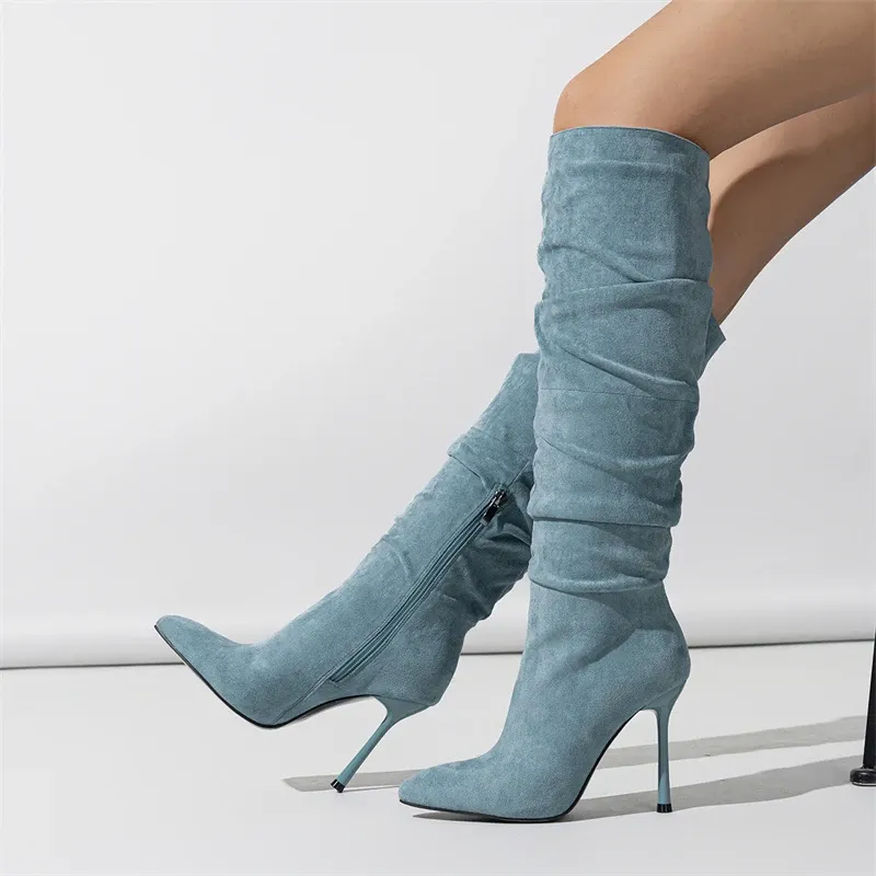 Pleated Denim Knee-High Pointed Toe Boots