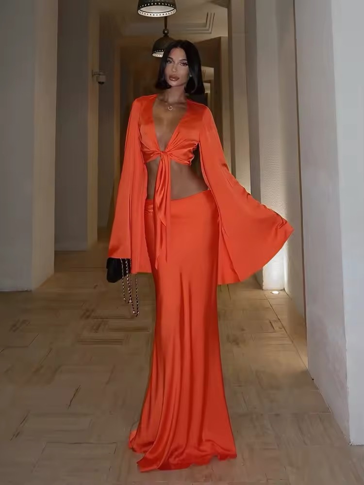 Orange Silk Long Sleeve Crop Top & Maxi Skirt Set