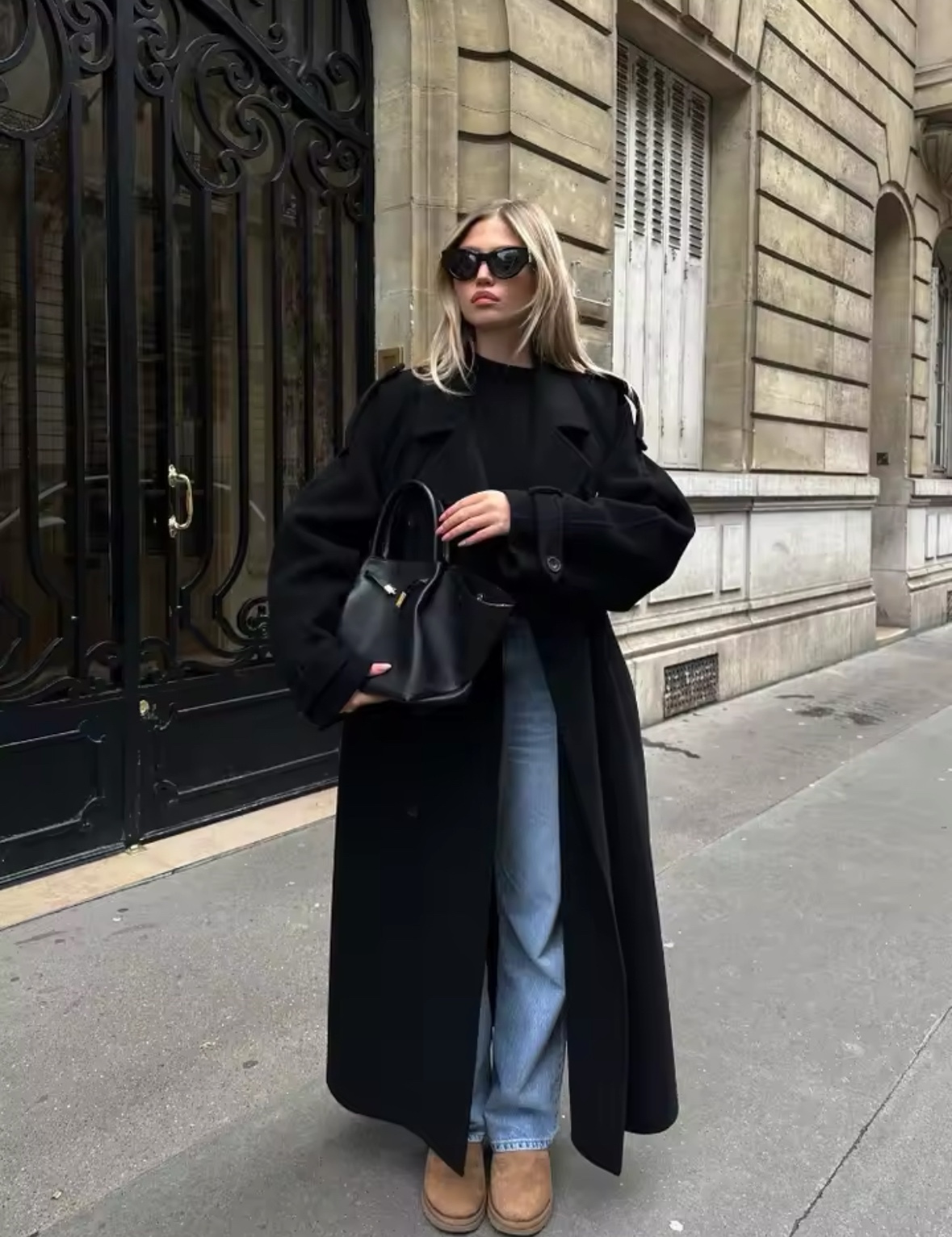 Black Long Sleeve Turn Collar Ankle Length Coat