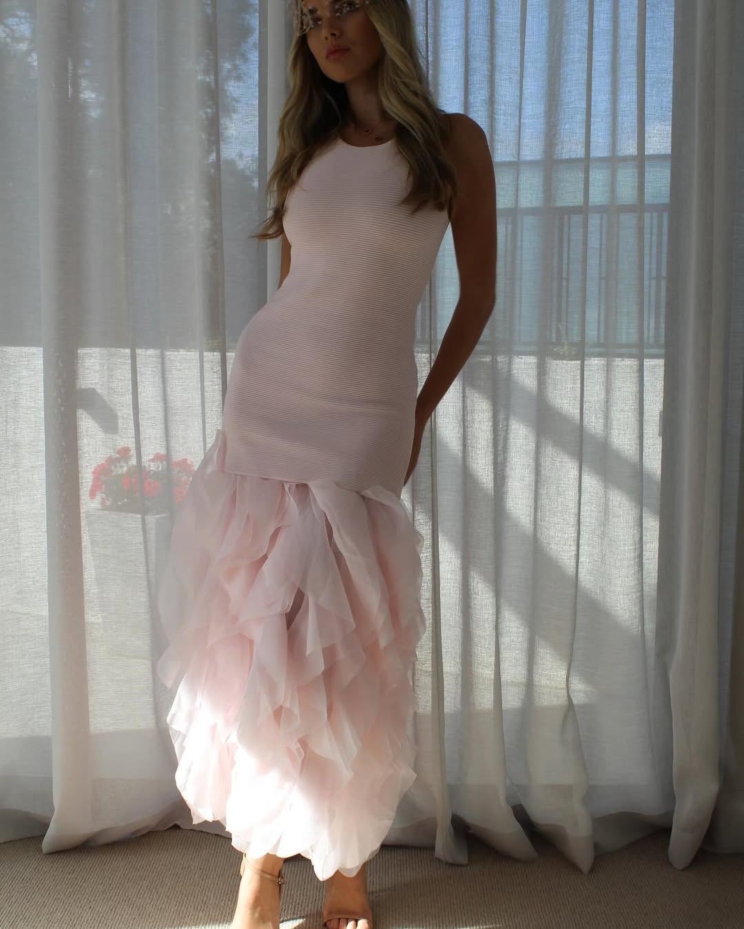 Pink Ruffle Hem Sleeveless Bodycon Maxi Dress