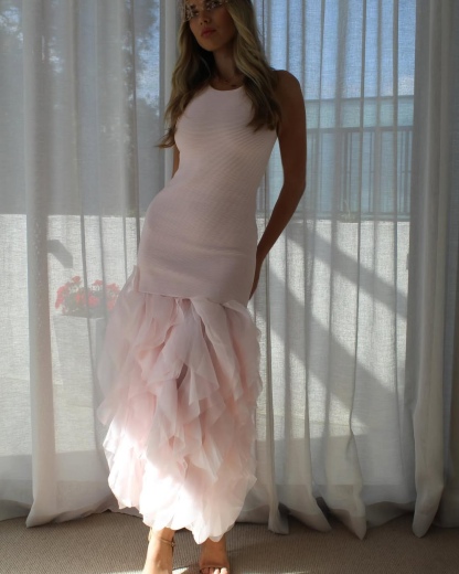 Pink Ruffle Hem Sleeveless Bodycon Maxi Dress