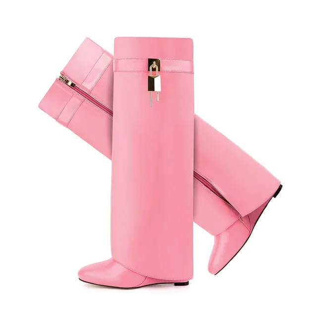 Lock Detail Fold Knee High Boots