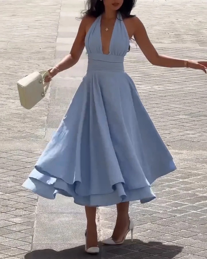 Blue Elegant Summer V Neck Sleeveless A Line Midi Dress