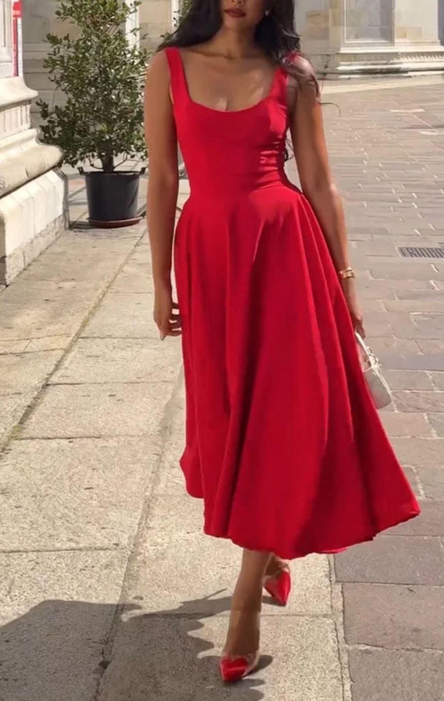 Red Square Neck Sleeveless Vacation Summer A Line Midi Dress