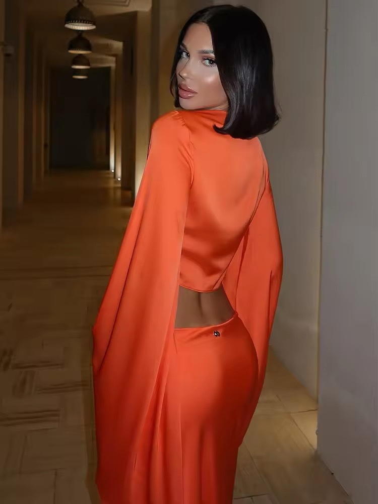 Orange Silk Long Sleeve Crop Top & Maxi Skirt Set